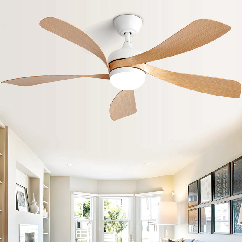 52 Inch Modern Ceiling Fan With 3 Color Dimmable Led Light 5 ABS Blades Remote Control Reversible DC Motor, Oak, White