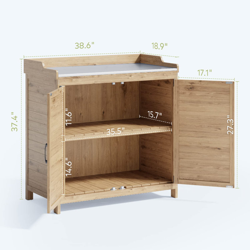 Charvette Fir Potting Bench with Storage Cabinet and Metal Covered Tabletop, Natural Wood