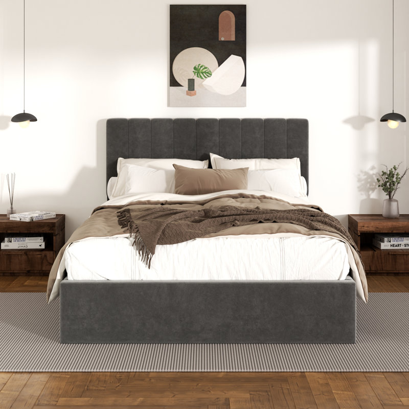 Haden Velvet Upholstered Platform Bed Frame with Channel Tufted Headboard, Gray, Queen