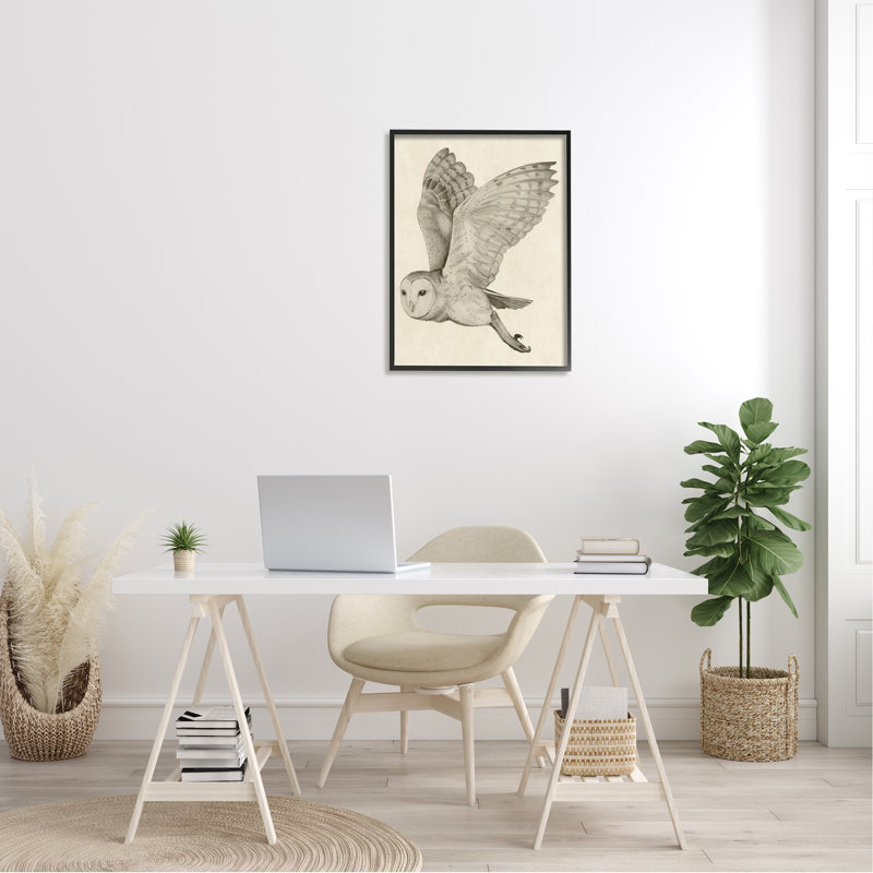 Dessin en vol détaillé de chouette effraie par Grace Popp, L 24 po x H 30 po, Giclée encadrée noir minuit