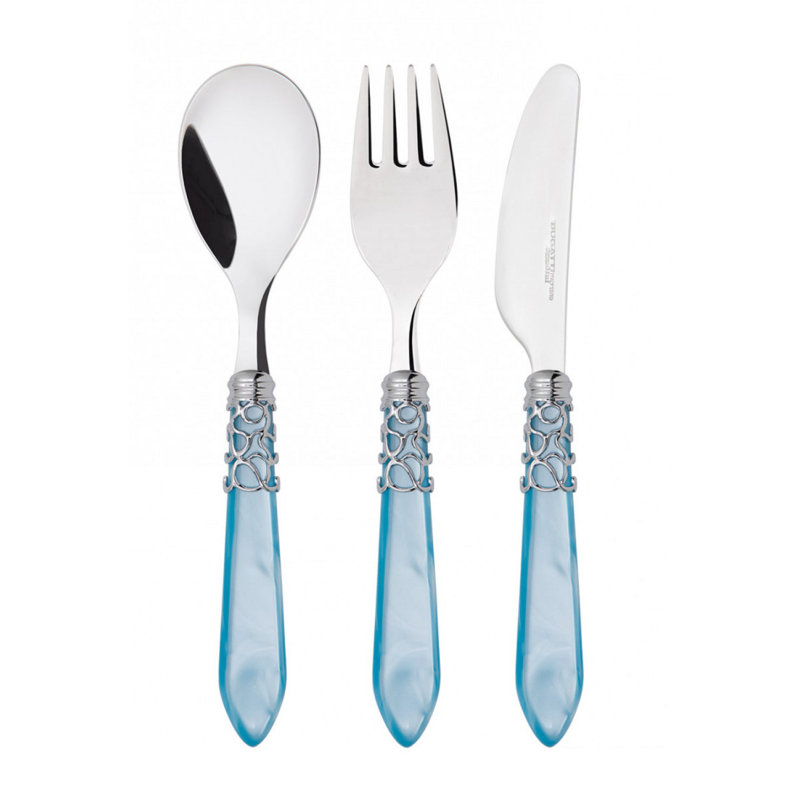 Ensemble de couverts 3 pièces en acier inoxydable 18/10 Baby Melodge, service pour 1 personne, Bleu pastel