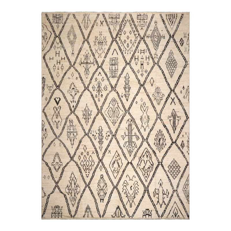 Tapis tribal afghan marocain en laine noué à la main ivoire 10 pi 2 po x 13 pi 11 po