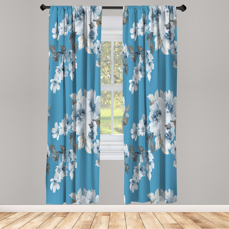 Microfiber Floral Semi-Sheer Rod Pocket Curtain Panels, 28" W x 95" L, Baby Blue/White