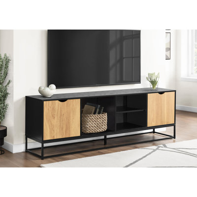Meuble télé, console de 72 po, meuble multimédia, meuble de rangement, salon, stratifié noir, métal noir, moderne, contemporain