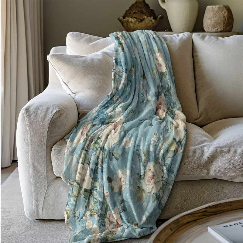 Floral antique bleu - couverture Sherpa de qualité supérieure 1 pièce, Lit simple