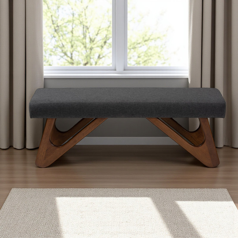 Elle Bench in Gray Boucle Fabric and Brown Finished Wood, 17.49" H X 48.45" W X 18.26" D, Gray