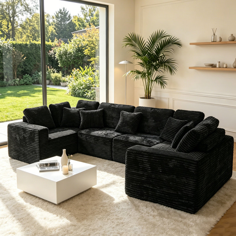 Canapé d'angle modulaire en forme de U de 344 cm (135,5 po), canapé d'angle 6 places avec méridienne surdimensionnée, canapé en velours côtelé rayé, canapé de salon modulable à souhait, noir