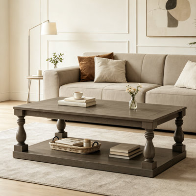Table basse rétro avec pieds de colonne en vase artistique et placage de pin luxueux pour un charme intemporel, convient au salon, à la salle d'étude
