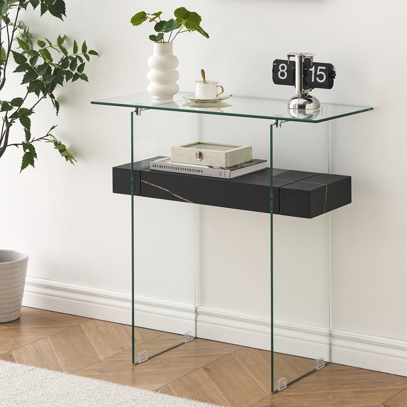 Tempered Glass Console Table with Shelf, Black Marble, 31.5"H x 31.5"W x 13.8"D