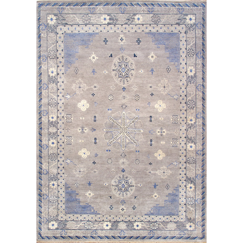 Khotan Hand Knotted Wool Oriental Area Rug in Silver/Blue