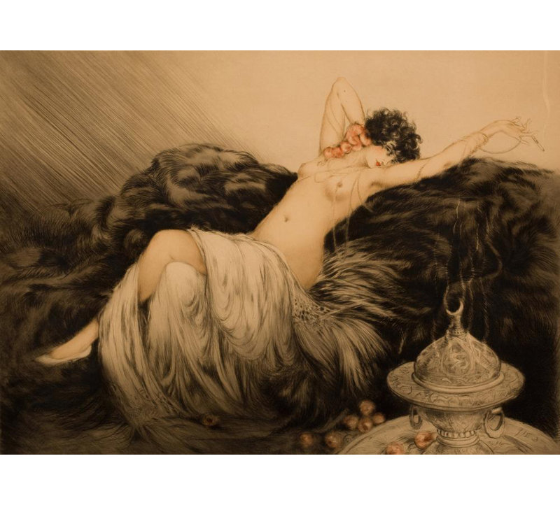 «Nude with Black Fur» par Louis Icart - Art mural sur toile tendue avec châssis, H 18 po x l 14 po