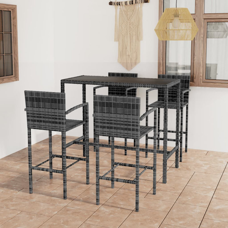 Patio Bar Table and Stools Set Poly Rattan, Gray