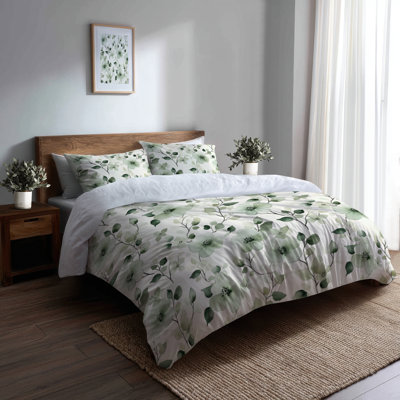 Country Farmhouse 3 Pcs Bedding Set - Floral Willow Green Blooms Duvet Cover Set