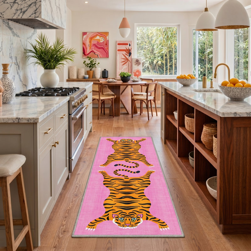 Tigris Animal Print Machine Washable Pink / Yellow / Black Indoor Area Rug with Non-Slip Backing, Runner 2'6" x 8'