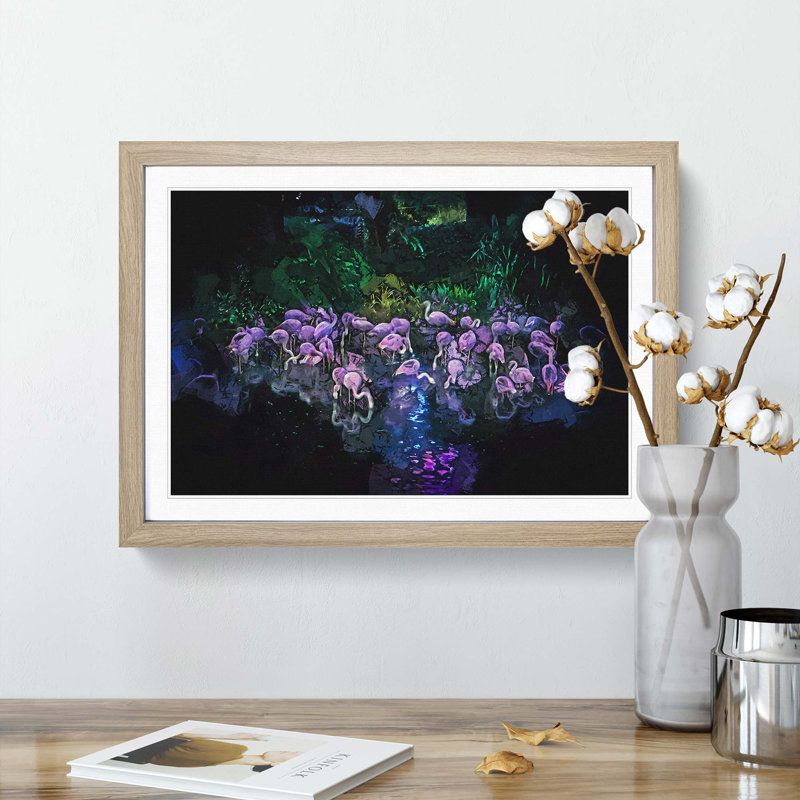 Neon Flamingos in Abstract - Framed Print, Oak Framed, 62cm H x 87cm W x 2cm D