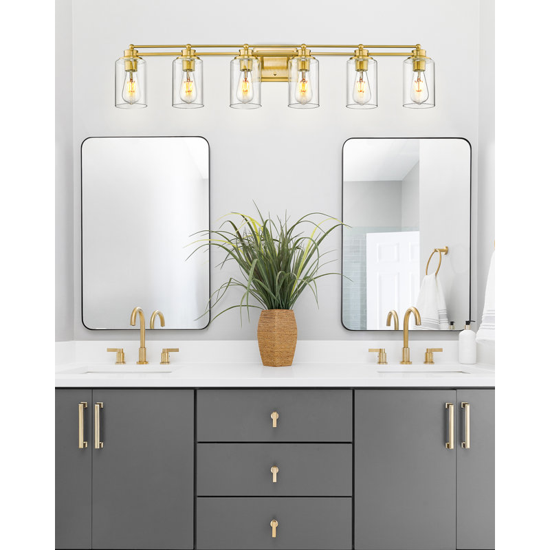 Éclairage de salle de bain à intensité variable 6 lumières, abat-jour en verre transparent, or brossé, Or brossé