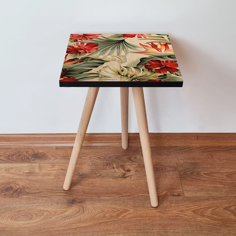 Modern Side Table with Beech Wood Legs, 13.8 x 16.5 x 13.8 inches | 100% MDF Construction, Thickness: 0.7 inches | Stylish Green, Beige & Red Floral Design – Perfect for Living Room or Bedroom Decor