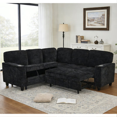 Reversible Sectional Sofa With Pull out Bed, Black Chenille ,Modern  L-Shaped Couch With Storage, Cup Holders,Usb Charging, Sleeper Sofa Set For Living Room