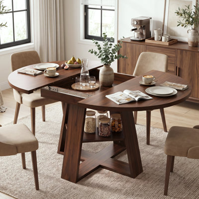 43.3"-59" Extendable Round Dining Table for 4-8, Oval Modern Farmhouse Wooden Kitchen Table with Storage Shelf