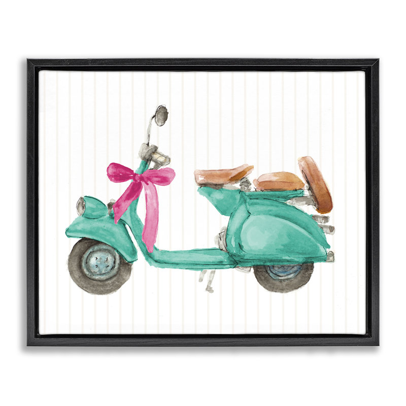 «Turquoise Scooter & Bow», art mural encadré par Lanie Loreth, H 25 po x l 31 po, Cadre flottant noir de jais
