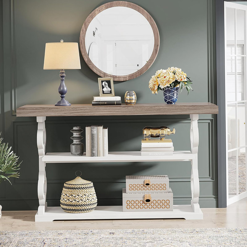 Console de 55 pouces avec 3 tablettes de rangement, table d'entrée grise et blanche pour les couloirs et les salons