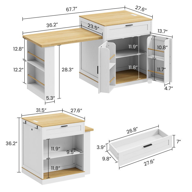 67.7" extendable kitchen island For Seating 2-6, Island Table For Kitchen with power outlet, Drawer, Sided Storage, Spice Racks, White