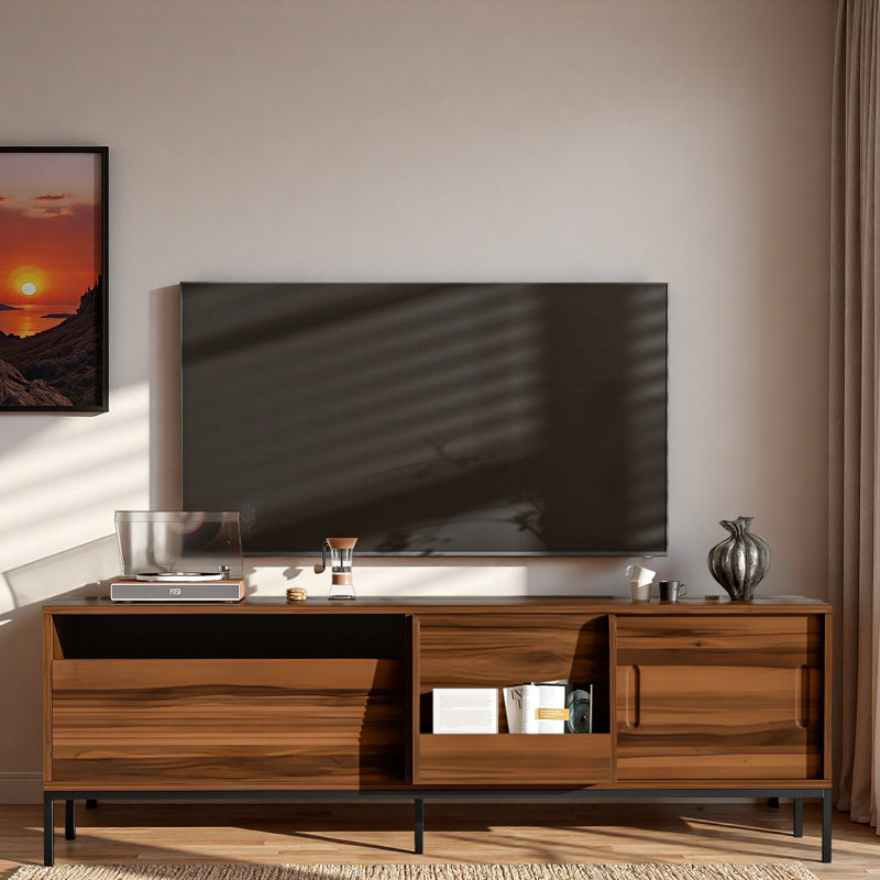 Meuble télé moderne avec espace de rangement, portes coulissantes, tablettes réglables et structure en métal, Brun