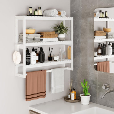 Organisateur de rangement pour tablette de salle de bain, organisateur de tablette de salle de bain en bambou à couche réglable avec barre, suspendu, autoportant au-dessus des tablettes de la toilette