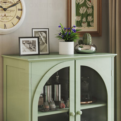 Farmhouse Storage Cabinet with Arched Tempered Glass Door, 2-Drawer Buffet Sideboard for Kitchen and Living Spaces