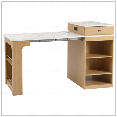 59.5"Kitchen Island with Extendable Dining Table, Kitchen Storage Table with Double-sided Storage, Kitchen Island with 2 Drawers, Power Outlet, Side O