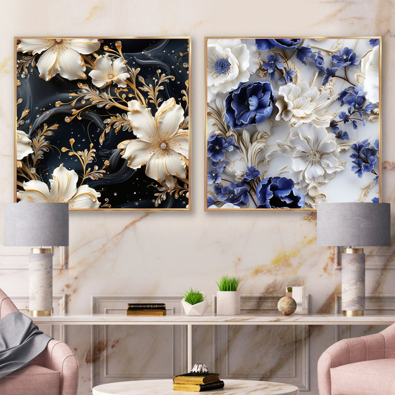 Motif de marbre victorien Opulence - ensemble de collage abstrait botanique carré de 2, H 16 po x l 33 po