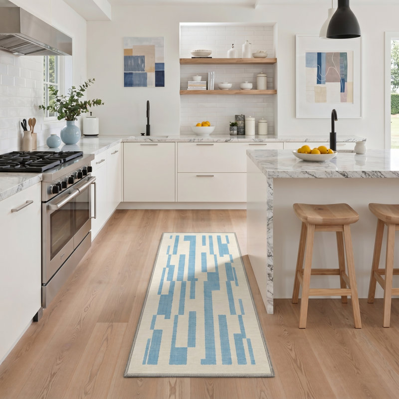 Vectra Machine Washable Non Slip Blue / Beige Geometric Minimalist Indoor Area Rug, Runner 2' x 7'