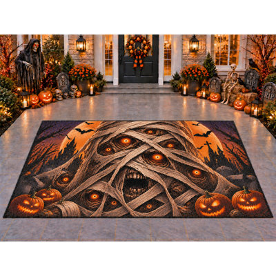 Tapis d'extérieur 5' x 7' Momie d'Halloween aux mille yeux, épais, solide, imperméable, en PVC bouclé, tapis de patio robuste, tapis d'intérieur/extérieur à séchage rapide pour porche, terrasse, balcon, entrée.