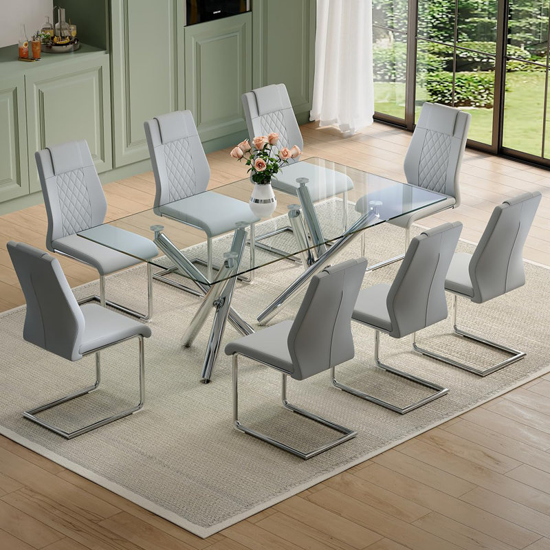 Ensemble de table de salle à manger moderne, table de salle à manger en verre de 71 pouces avec chaises chromées, table de cuisine et chaises