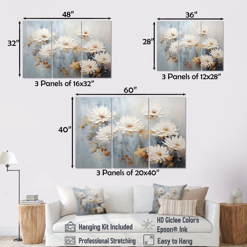 «White and Blue Chrysanthemums Painted Ink IV - Chrysanthemums», ensemble de reproduction d'art mural, Toile tendue