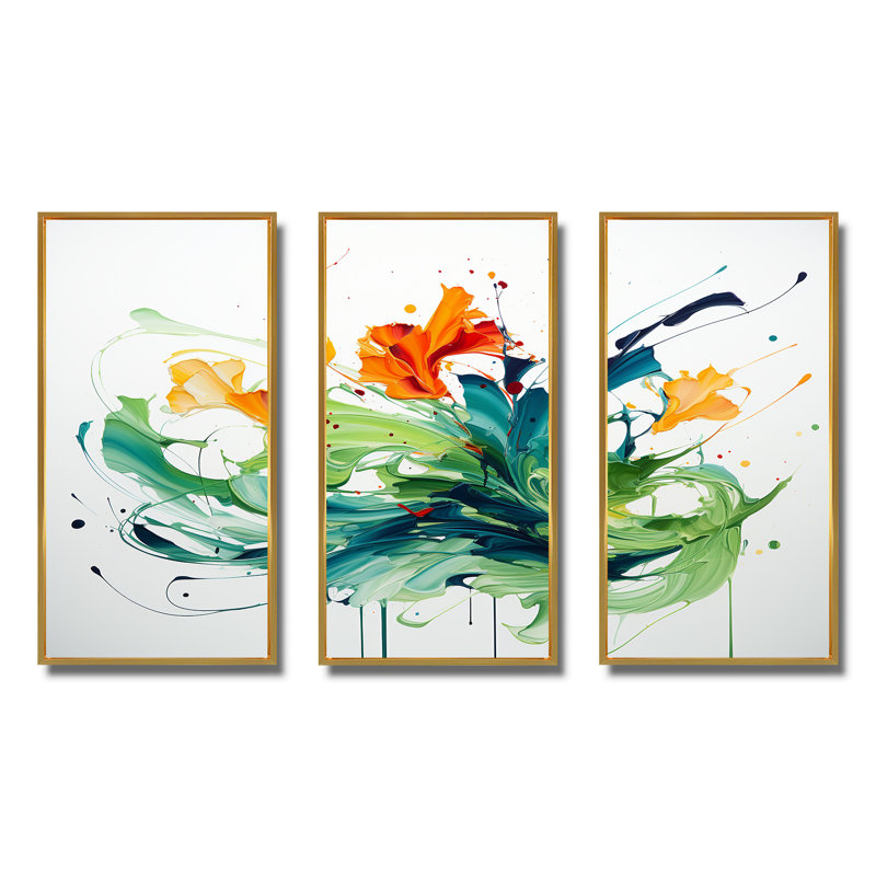 «Green and White Abstract Expression», peinture d'art abstrait IV, Cadre flottant doré, H 28 po x l 36 po x P 1 po