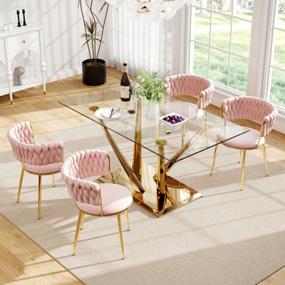 luxtury Rectangle Pedestal Dining Set with Weaven Velvet Dininig Chair