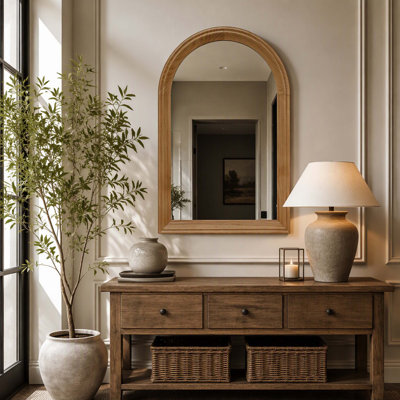 Arched Wood Framed Wall Mirror, 35.43" H x 23.62" W Rustic Decorative Mirror for Bathroom/Vanity/Living Room (Natural Oak Finish)