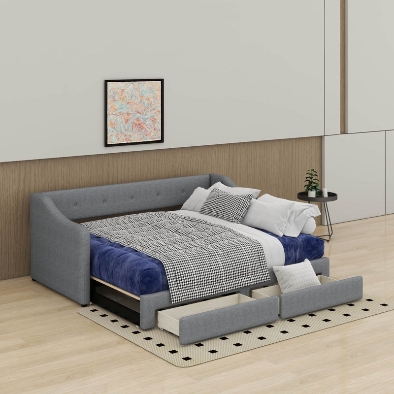 Twin XL To King Size Upholstered Daybed With Drawers, Gray