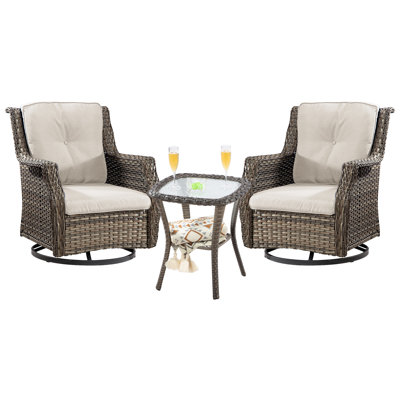 Ensemble de conversation de patio en osier 3 pièces - Chaises pivotantes avec coussins et table d'appoint, élégantes et confortables