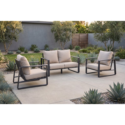 Ensemble de meubles de patio 3 pièces en aluminium gris foncé avec coussins beiges, canapé et fauteuil club