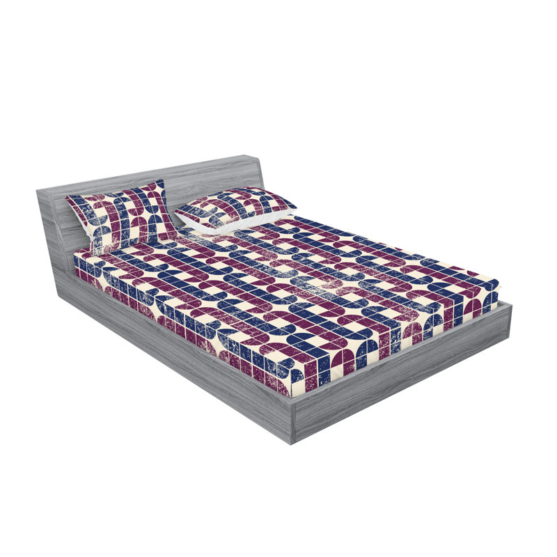 Drap-housse et taies décoratives 3 pièces Ambesonne, Champagne, prune, indigo / géométrique