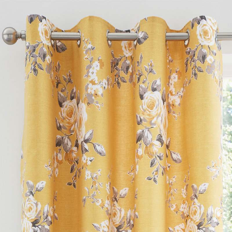 Canterbury Floral Lined Eyelet Curtains, Ochre