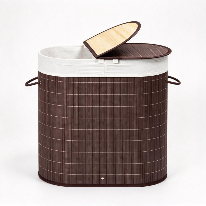 Modern Woven Bamboo Laundry Hamper, Dual Compartment Laundry Basket with Lid, Removable Fabric Liner & Side Handles for Dirty Clothes Storage