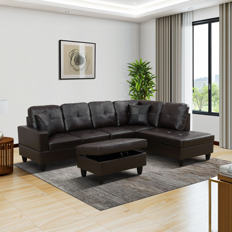 Amielia Faux Leather Sectional, Black, Right Hand Facing, Brown Faux Leather