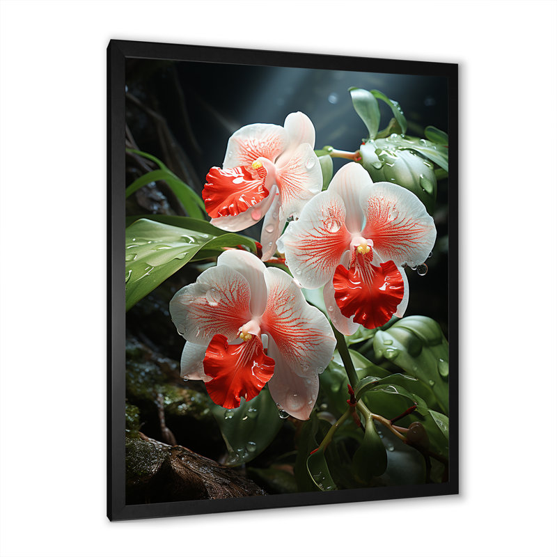 Corail tranquille et orchidées blanches - orchidées murales, Cadre simple noir, H 32 po x l 16 po x P 1 po