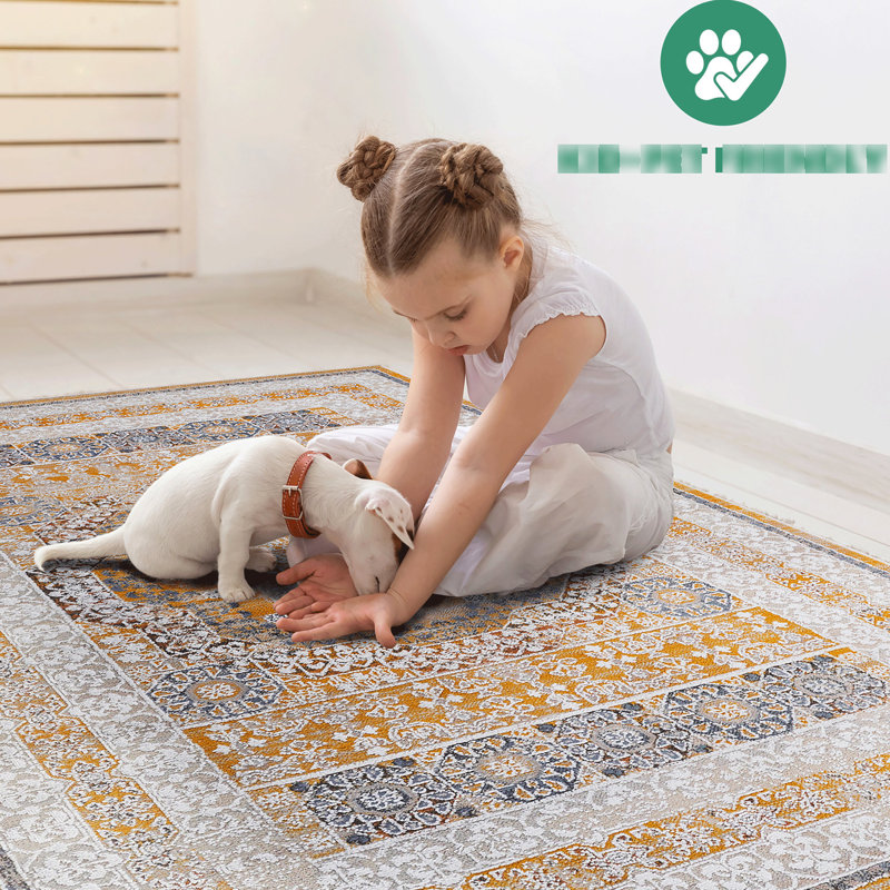 Tapis crème / médaillon 5 x 7 Loom & Collection - non délesté, teint pour le salon, la chambre de bébé