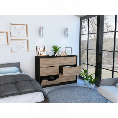 Commode double 4 tiroirs Maryland, chambre, noir / pin
