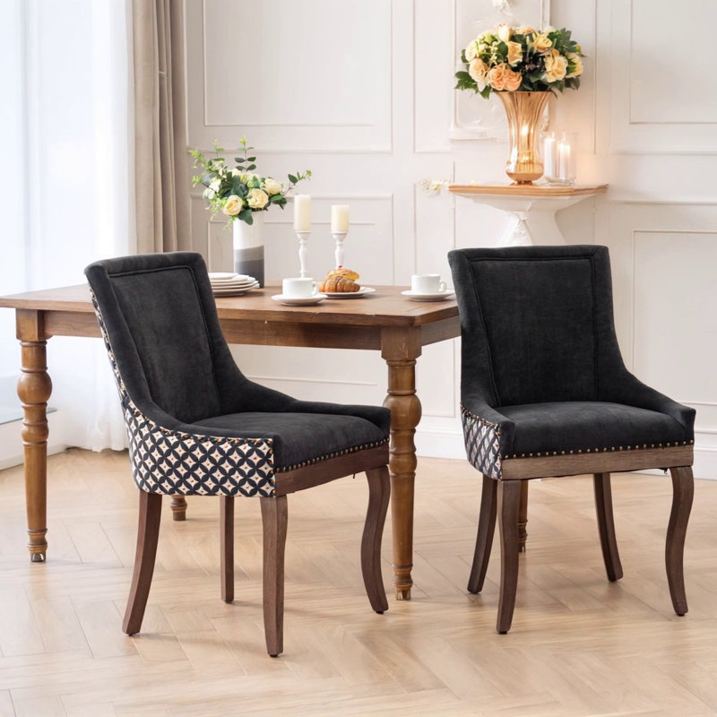 Chaise de salle à manger d'appoint en bois massif exquis avec coussin de qualité supérieure, Tissu noir