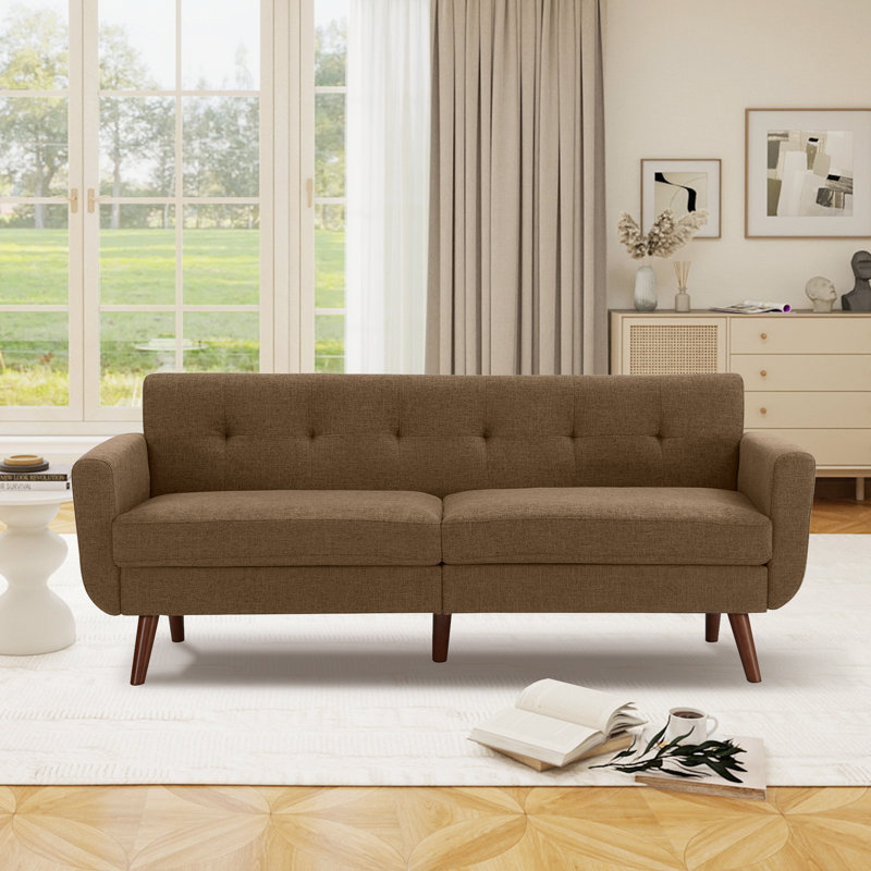 Delanie Cattaleya 78" Mid Century Modern Square Arms Linen Upholstered Sofa, Brown